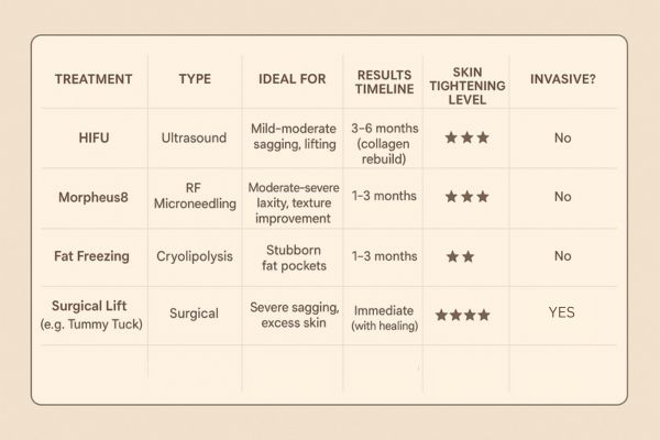 Table showing the comparisons of Skin tightening Avonmouth treatment options.